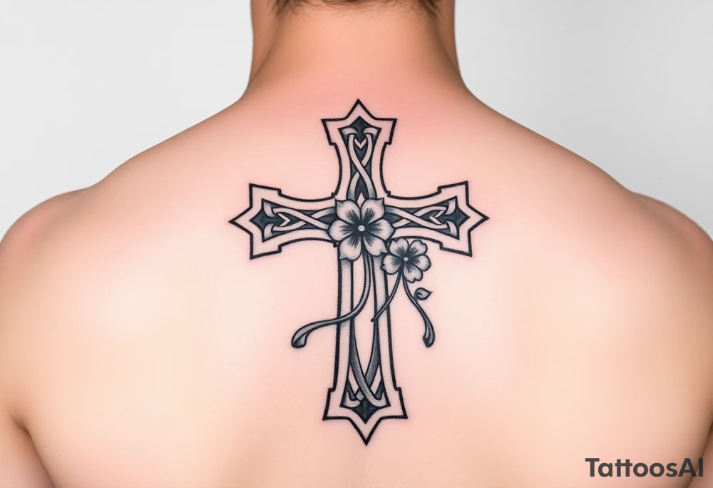 a celtic cross with irish inspired details and a four leaf clover adding other celtic elements surrounding the cross tattoo idea