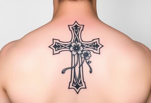 a celtic cross with irish inspired details and a four leaf clover adding other celtic elements surrounding the cross tattoo idea