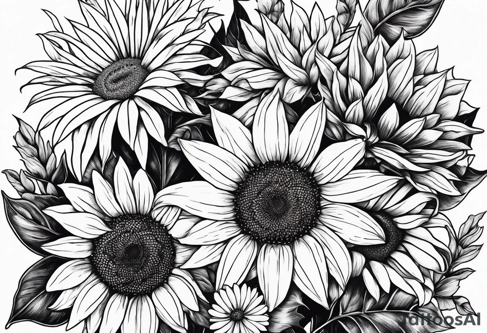 7 leaf pot leaf, daisies, and sunflowers cluster tattoo idea