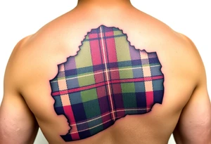 arm Dark Purple with green pink blue and white highlights tartan fabric with flesh peeling away at edges tattoo idea