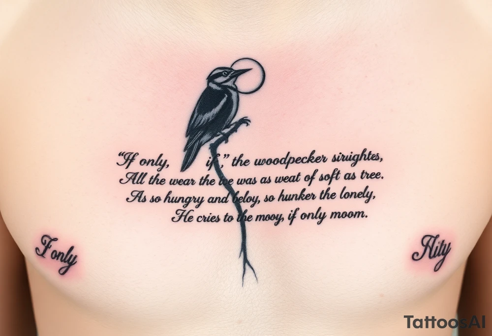 “"If only, if only," the woodpecker sighs,

The bark on the tree was as soft as the sky.

As the wolf waits below, so hungry and lonely,

He cries to the moon, "If only, if only."” 
written as a tattoo on rib cage tattoo idea