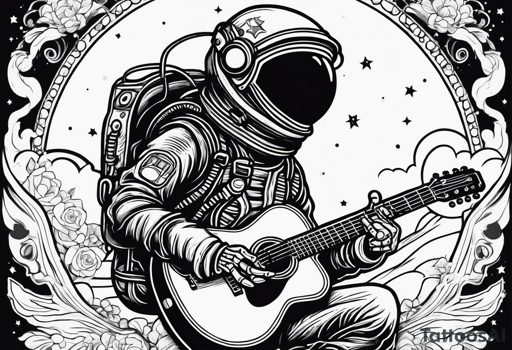 Skeleton astronaut playing acoustic guitar tattoo idea