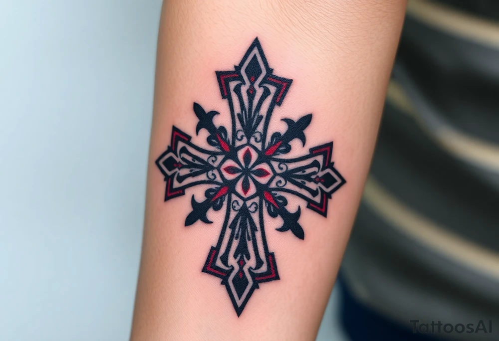 A Gothic-style Maltese cross with dark crimson shading and intricate baroque filigree, evoking mystery and power tattoo idea