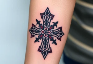 A Gothic-style Maltese cross with dark crimson shading and intricate baroque filigree, evoking mystery and power tattoo idea