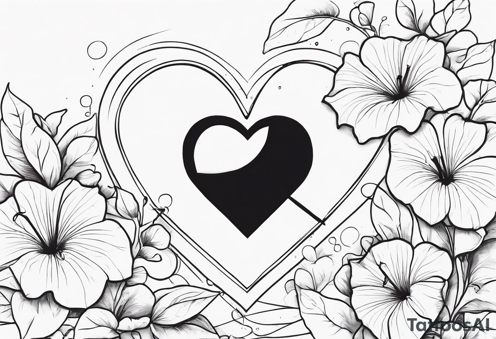 Heart with morning glory flowers and Cameron as the line to draw the heart and the time 8:34am written with the line tattoo idea