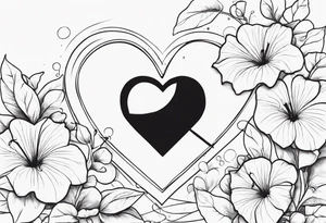 Heart with morning glory flowers and Cameron as the line to draw the heart and the time 8:34am written with the line tattoo idea