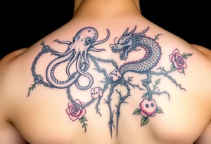 Squid and dragon combined with chains, tree roots, cherry blossoms and roses rolling dice tattoo idea