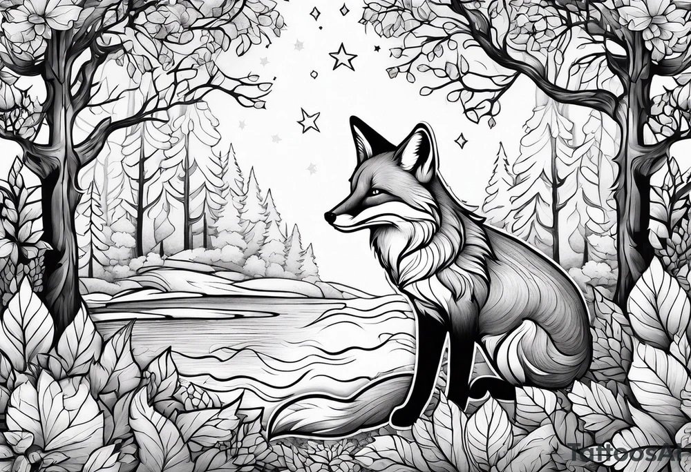 fox in a forest with stars tattoo idea