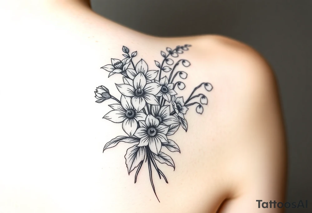 small bit of color, bouquet of daffodils, daisies, lily of the valley on woman upper arm tattoo idea