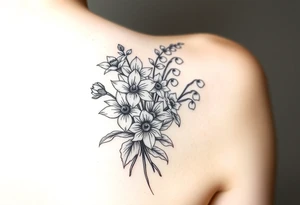 small bit of color, bouquet of daffodils, daisies, lily of the valley on woman upper arm tattoo idea