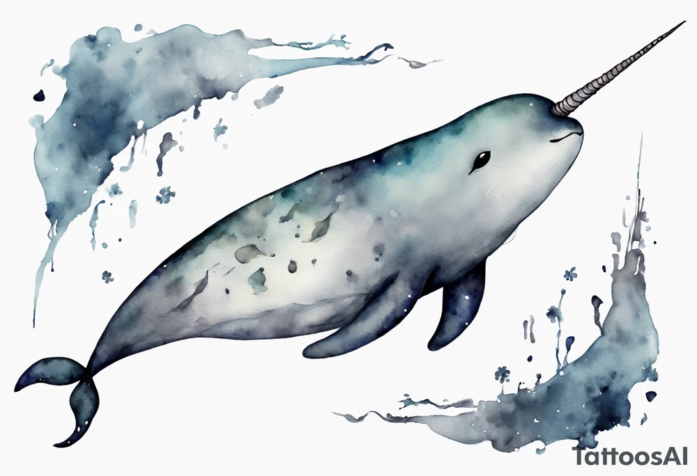 a melancholy watercolor painting of a realistic narwhal in a grey sea tattoo idea