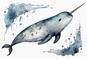a melancholy watercolor painting of a realistic narwhal in a grey sea tattoo idea