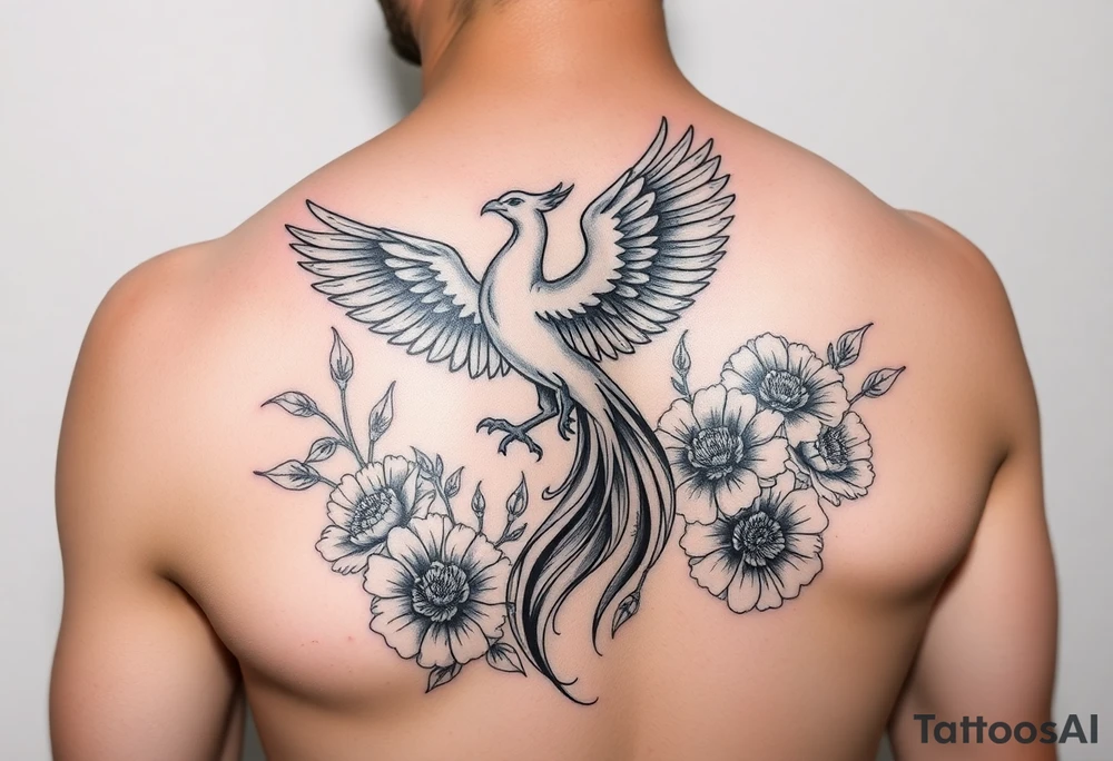 A pheonix rising out of fire surrounded by carnation flowers on the upper arm tattoo idea