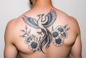 A pheonix rising out of fire surrounded by carnation flowers on the upper arm tattoo idea