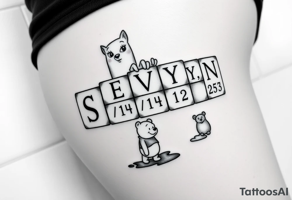 a thigh tattoo with alphabet blocks, but on the alphabet blocks, the name SEVYN is alternated on the sides of all five blocks and 07/14/25 is alternated on the sides of the blocks as well and on the top of the blocks Marie from the Aristocats peeking up looking showing her eyes, her bow on her head and her front pause and then on the bottom block then Winnie the Pooh standing on the ground, reaching up on the block for the honey that’s spilling off the side and on the left side not on the blocks to say 6 ounces 12 pounds 20 inches all lined up in a column going vertically starting with the 6 ounces 12 pounds and 20 inches in that order and then on the right side, not touching the blocks to say 3:51 AM. tattoo idea