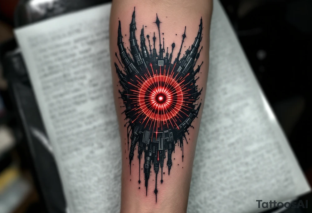 A shadowy humanlike mechanical arm inked in matte black with accents of silver and a central pulsar in deep red. tattoo idea
