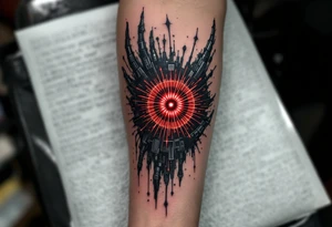 A shadowy humanlike mechanical arm inked in matte black with accents of silver and a central pulsar in deep red. tattoo idea