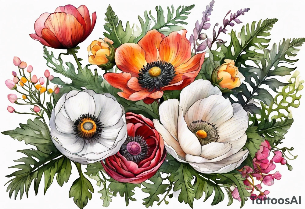 a white anemone with black center with thistles, ferns, ranuculus, sun flowers, red flowers, pink flowers, orange flowers, yellow flowers in watercolor tattoo idea