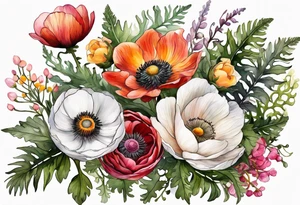 a white anemone with black center with thistles, ferns, ranuculus, sun flowers, red flowers, pink flowers, orange flowers, yellow flowers in watercolor tattoo idea