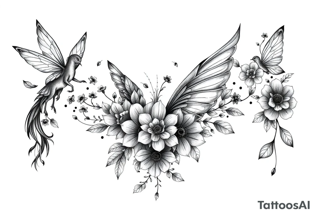 Magical powerful animal sleeve with fairies and flowers tattoo idea