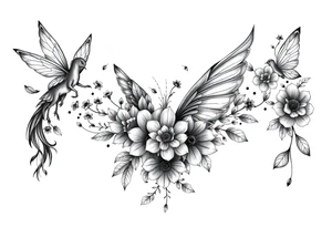 Magical powerful animal sleeve with fairies and flowers tattoo idea