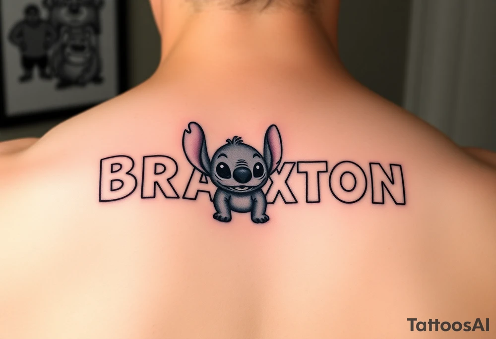 The name Braxton in small bubble letters with a animated stitch character from lilo and stitch 
The name Bentley in small bubble letters with a animated Piglet from Winnie the Pooh 
The name Cayden in small bubble letters with a Sully from monsters inc tattoo idea
