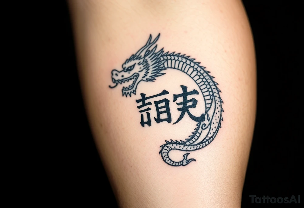 Chinese dragon with two kanjis in front tattoo idea