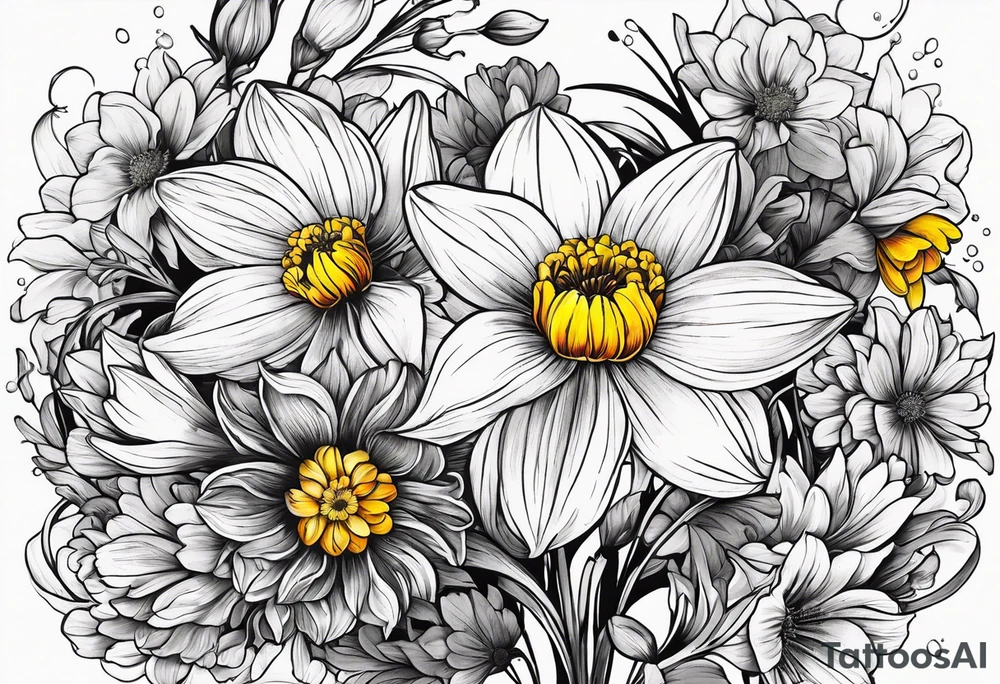 Narcissus, Chrysanthemum, Cosmos, snow drop that shows all the flower stems for the back of the arm. tattoo idea