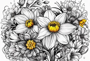 Narcissus, Chrysanthemum, Cosmos, snow drop that shows all the flower stems for the back of the arm. tattoo idea