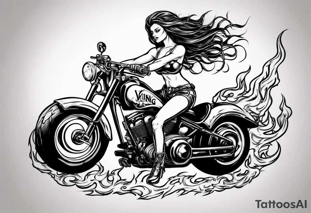 I want a detailed tattoo of a girl riding a motorcycle surrounded by flames with the company name “Viking Customs” incorporated in the design tattoo idea