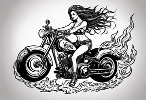I want a detailed tattoo of a girl riding a motorcycle surrounded by flames with the company name “Viking Customs” incorporated in the design tattoo idea