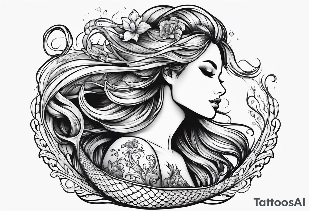 sexy full bodied mermaid with flowing tail and hair, tattoo sleeve tattoo idea