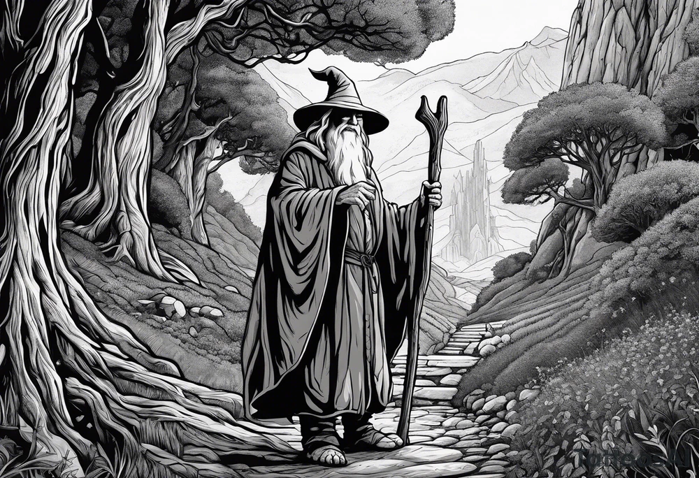 gandalf looking at a hobbits giant feet. The hobbit's feet are made out of asparagus tattoo idea