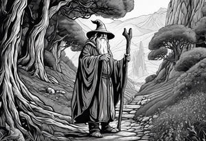 gandalf looking at a hobbits giant feet. The hobbit's feet are made out of asparagus tattoo idea