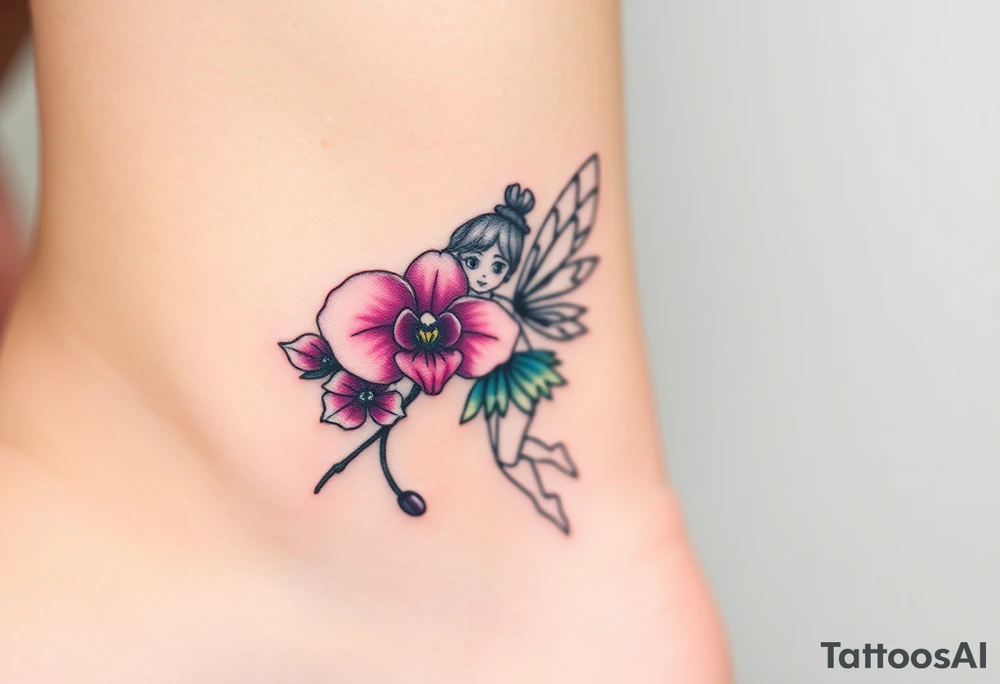 A fairy holding an orchid flower, with soft ocean-inspired colors blending into the design tattoo idea
