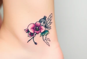 A fairy holding an orchid flower, with soft ocean-inspired colors blending into the design tattoo idea