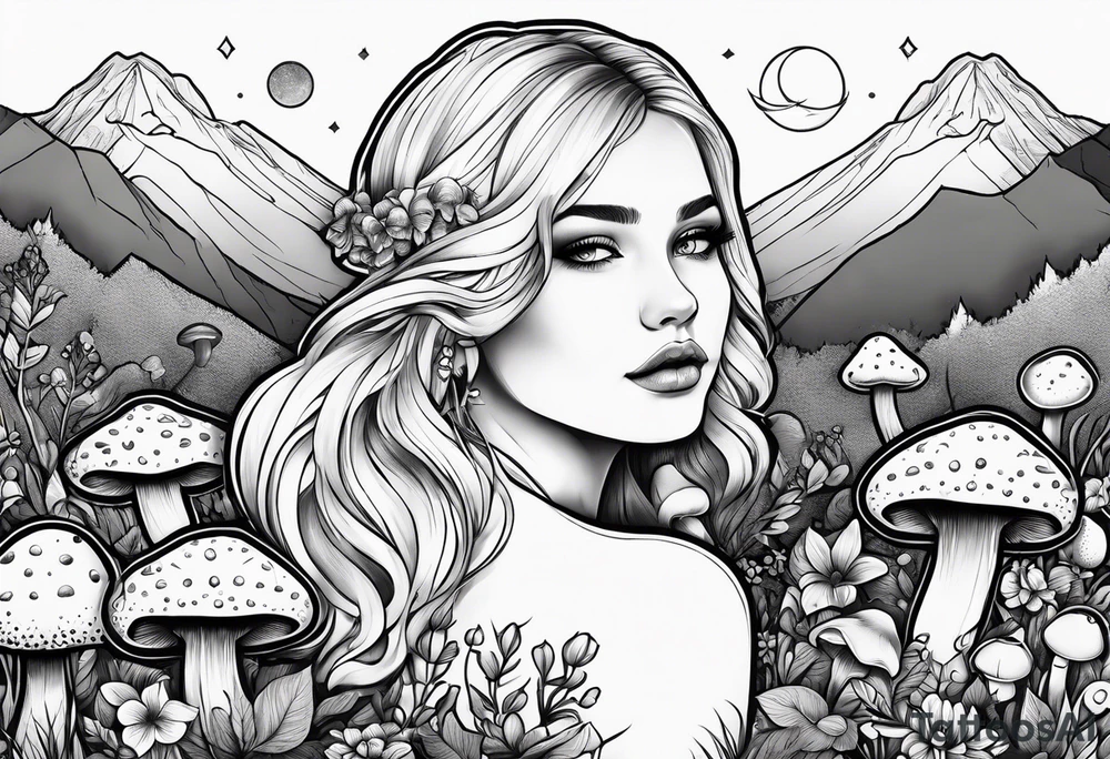 Chubby older blonde girl surrounded by mushrooms crescent moon mountains background tattoo idea