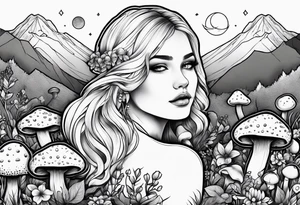 Chubby older blonde girl surrounded by mushrooms crescent moon mountains background tattoo idea