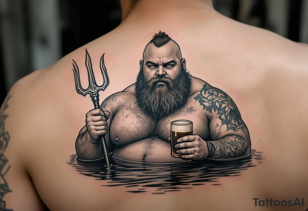 Gay fat guy, without beard, with trident, half way in calm water, with a beer tattoo idea