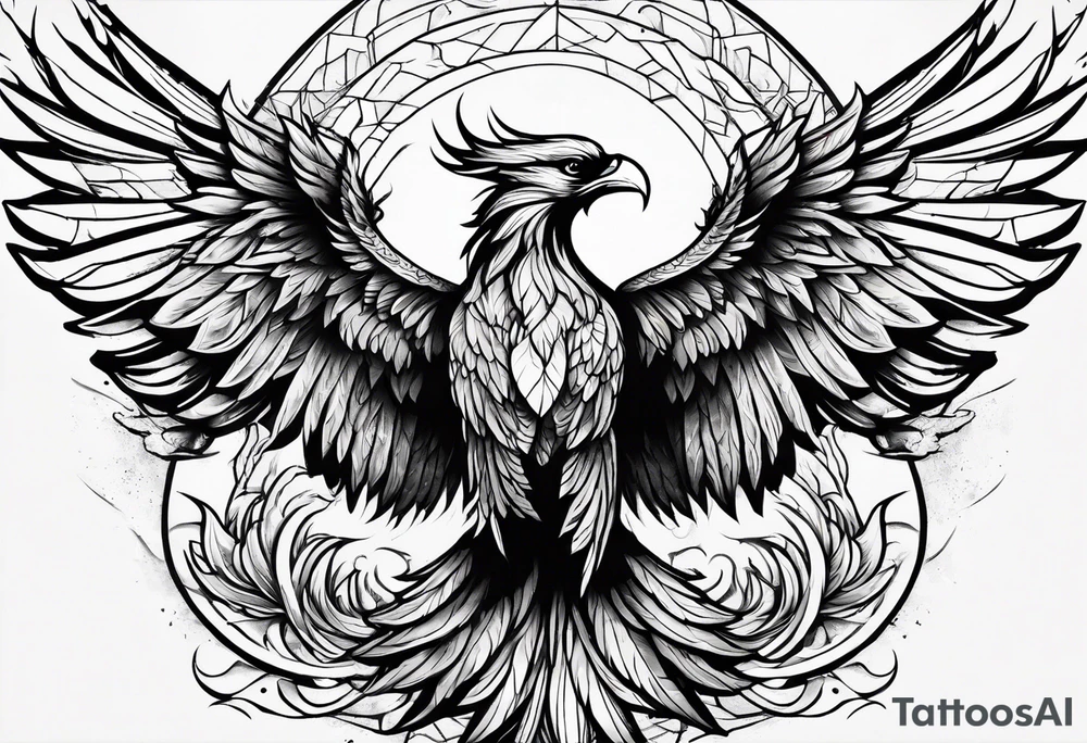 a phoenix rising from the ashes, with an angel opening its wings on the background tattoo idea