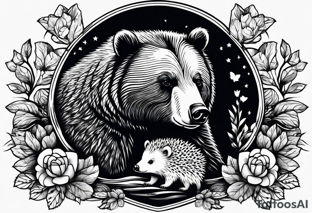 black bear and hedgehog, bear stands over hedgehog tattoo idea