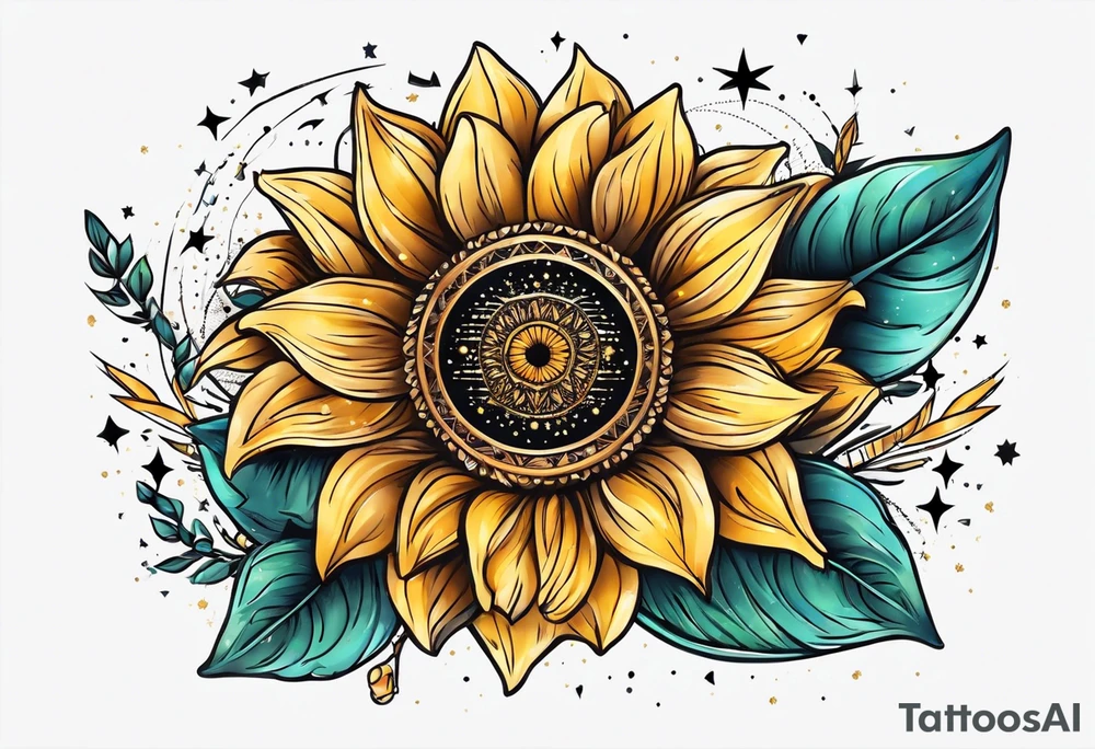 elegant small tattoo for hand with sunflower surrounded by circle of little stars and arrow tattoo idea