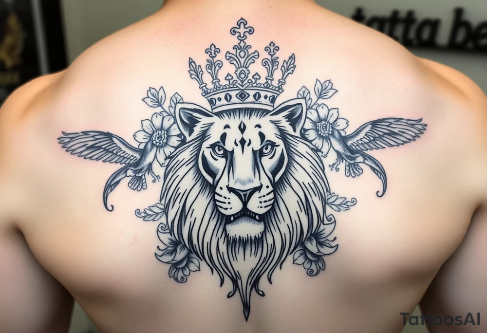 powerful majestic lion with a crown, surrounded by floral ornaments and birds tattoo idea