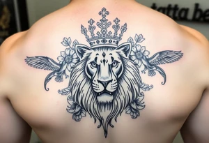 powerful majestic lion with a crown, surrounded by floral ornaments and birds tattoo idea