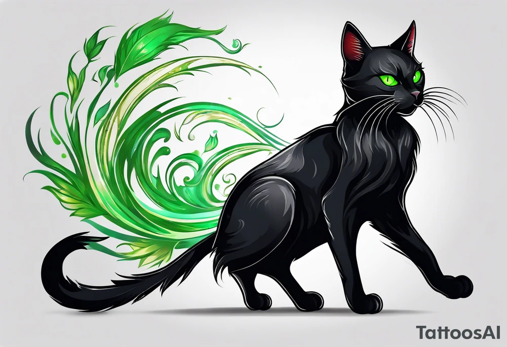 Black cat with green eyes hissing with its tail wrapped around a sword tattoo idea