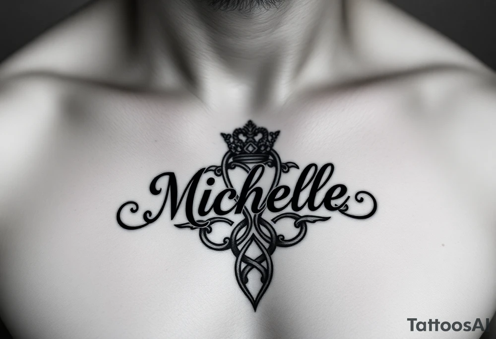Design a tattoo for a man’s chest of a woman’s name (Michelle). There should be a claddagh and a Celtic knot entertwined. The bane Michelle should be in calligraphy and there should be a Celtic Irish tone tattoo idea