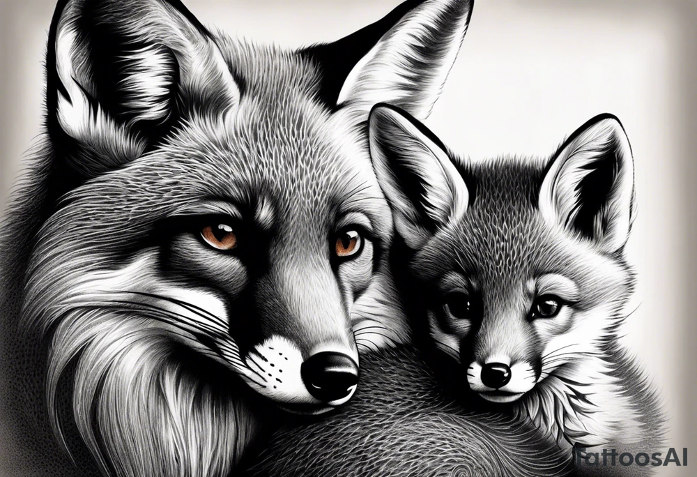 mom and baby fox, realistic tattoo idea