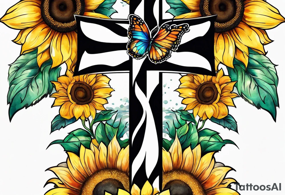 Winged cross with sunflowers and butterflies lower leg sleeve tattoo idea