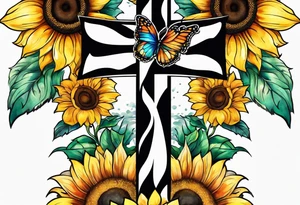 Winged cross with sunflowers and butterflies lower leg sleeve tattoo idea