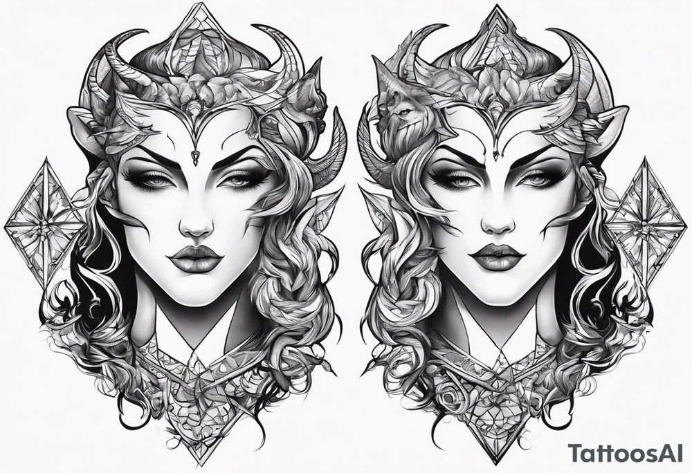 engel and devil look at each other from top and bottom tattoo idea